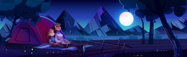 Family camping cartoon illustration. Vector design of mother and daughter sitting near tent on river shore, high mountains background, admiring stars, full moon on dark sky. Enjoying weekend together