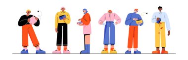 Diverse people having no money with empty wallets. Concept of poverty, financial problems, debt, bankruptcy. Vector flat illustration of depressed characters with empty purses, pockets and piggy bank