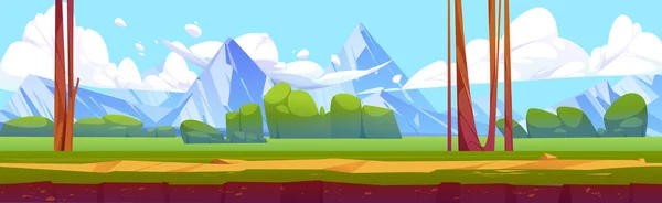Game ground texture of summer landscape with green grass, trees, bushes, path and mountains on horizon. Vector cartoon illustration of game land platform with nature scene with trees and rocks