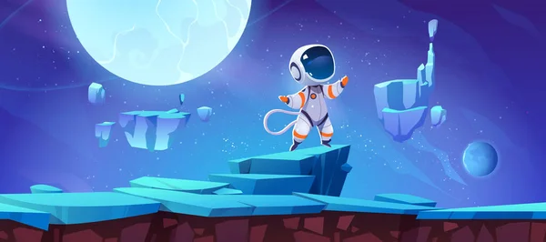 Game Level Background Cute Spaceman Alien Planet Surface Vector Cartoon — Archivo Imágenes Vectoriales