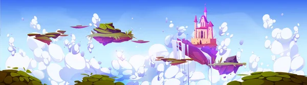 Fantastic Pink Castle Waterfall Flying Island Sky Cartoon Illustration Magic — Stock Vector