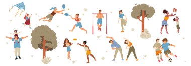 Summer outdoor leisure activities, sport exercises in park. Vector flat illustration of people playing with ball, frisbee, kite, tennis, training, stretching, walk with kids