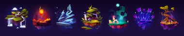 Floating islands set, flying game platforms rock with ice, lava, waterfall, cemetery, tree with bones, sword in stone fantasy landscape, arcade level 2d design elements. Cartoon ui nature locations