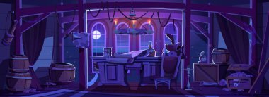 Pirate ship cabin at night. Empty captain room interior with old wooden table, chair, barrels, treasure chest with gold coins, map, rum bottle, dagger and candles, vector cartoon illustration