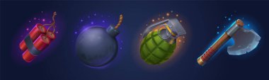Game props icons of bomb, dynamite, grenade and old axe. Game ui elements of weapons, military armory with tnt, bomb with rope fuse and metal ax, vector cartoon set