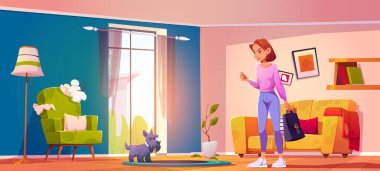 Dog mess, angry owner woman and funny puppy at damaged home interior with broken furniture, armchair with torn upholstery. Pet making chaos in room, naughty animal concept, Cartoon vector illustration