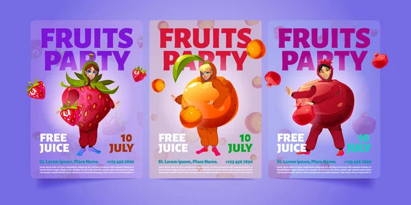 Fruits Party Flyers Cute Characters Funny Costumes Strawberry Orange Pomegranate — Image vectorielle