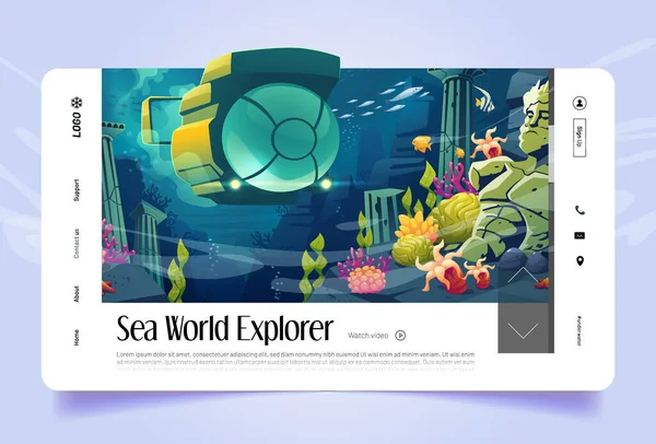 Sea World Explorer Cartoon Landing Page Underwater Landscape Submarine Sunken — Stock vektor