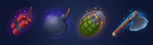 Game Props Icons Bomb Dynamite Grenade Old Axe Game Elements — Wektor stockowy