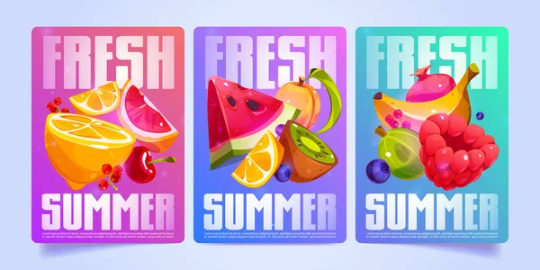 Fresh Summer Posters Fruit Slices Berries Vector Promotion Banners Advertising — Stockvektor