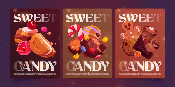 Sweet Candy Cartoon Posters Bakery Desserts Chocolate Sweets Choco Praline — Vector de stock