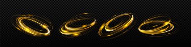 Abstract gold light swirls, circle lines glow effect. Vector realistic set of magic rings, shiny energy whirls, round flash motion isolated on transparent background