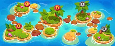 Game level map with tropical islands in sea. Game interface background with ocean beach, palm trees, stones, gems and level numbers, vector cartoon illustration