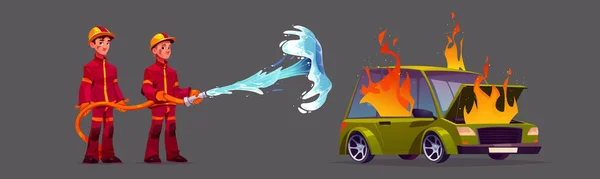 Cartoon Firefighters Water Hose Burning Car Isolated Grey Background Vector — Stockový vektor