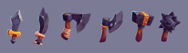 Weapon icons, game items of old axe, mace, sword, dagger and hammer. Medieval knight, roman warrior or viking weapons collection isolated on background, vector cartoon set