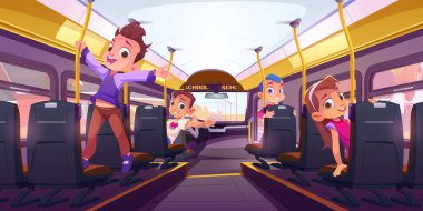 Happy children in school bus inside. Passenger cabin interior of transport with kids travel to school or excursion. Yellow bus with pupils on seats and driver, vector cartoon illustration