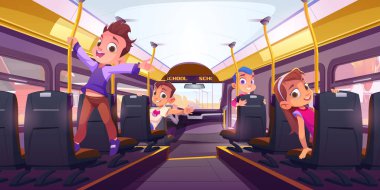 Happy children in school bus inside. Passenger cabin interior of transport with kids travel to school or excursion. Yellow bus with pupils on seats and driver, vector cartoon illustration clipart