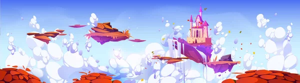 Magic Castle Waterfall Floating Island Sky Cartoon Illustration Autumn Fantasy — Stock Vector