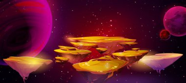 Golden island flying in space cartoon illustration. Yellow pieces of land floating, sparkling in darkness surrounded by stars and planets. Fantasy background, level platforms for game. Vector design