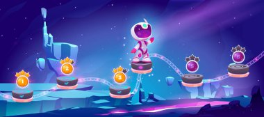 Uzay oyunu, astronotlarla gezici atari salonu uzaylı gezegeninde bonus ve değerli eşyalarla platformlara atlamak. Kozmos, evren çizgi filmi 2d gui kozmonot vektör illüstrasyonuyla geleceksel macera