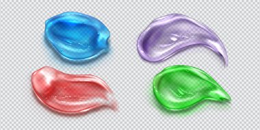 Gel smear bubbles, transparent colorful cream strokes, cosmetics swatch samples. Beauty skin care product, lubricant, liquid soap, lotion, isolated smooth toothpaste texture, Realistic 3d vector set