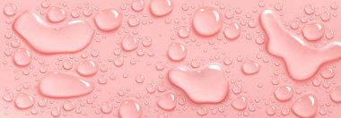 Collagen or water drops on pink background, beauty product, moisture, skincare spill puddles top view, scatter aqua liquid splashes. Skin care cosmetic hydration spots Realistic 3d vector Illustration