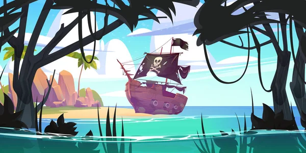 Пиратский Корабль Тропическом Острове Старая Флибустерная Лодка Черными Парусами Веселый — стоковый вектор