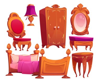 Bedroom room interior in classic vintage style isolated set. Luxury wooden furniture stuff armchair, coffee table, couch, lamp, cupboard, mirror and bed design elements, Cartoon vector illustration