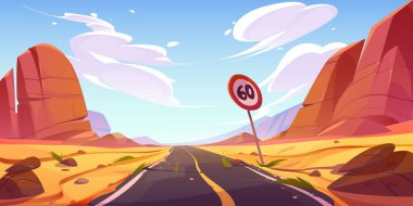 Broken road in desert landscape, straight empty highway with cracked asphalt and rickety sign. Long way along sand dunes and rock perspective view. Deserted land cartoon background Vector illustration