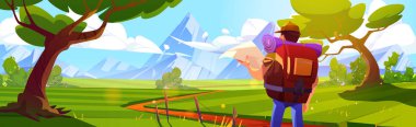 Male traveler with map and backpack looking at beautiful mountain landscape, cartoon vector illustration. Tourist goes hiking, searching way to destination. Enjoying adventure trip on summer vacation