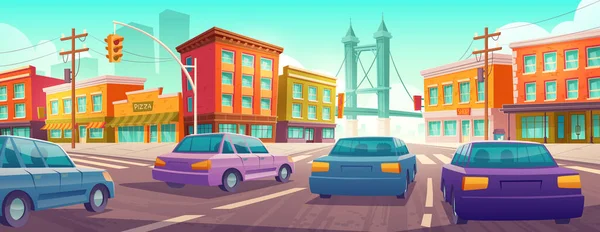 Автомобілі Їздять Міському Перехресті Міському Тлі Будівлями Мостом Сучасні Автомобілі — стоковий вектор