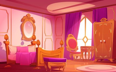 Luxury princess bedroom interior in victorian style. Royal house or palace room with bed, mirror in golden frame, chair, table and wardrobe in morning, vector cartoon illustration