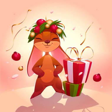 Cute rabbit cartoon character symbol of new 2023 year. Funny xmas bunny wear Christmas wreath with spruce branches and decorative baubles, confetti and gift boxes. Vector winter holidays personage