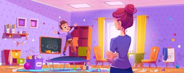 Woman looks at messy kids room with boy jumping on trampoline. Dirty playroom interior with clutter, scattered toys, drawings on walls, playing child and mother, vector cartoon illustration