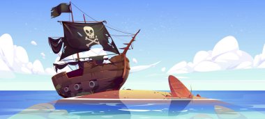 Old broken pirate ship after shipwreck on sea beach. Vector cartoon illustration of ocean landscape with abandoned sunken wooden boat with black flag and sails with skull