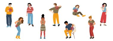 People suffering pain set isolated on white background. Male and female flat characters having heart attack, tooth, back, knee, neck, stomach, back, head ache marked with red spot. Vector illustration