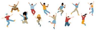 Happy people jumping set isolated on white background. Successful multiethnic male, female flat characters waving hands smiling in good mood, celebrating victory, enjoying triumph. Vector illustration