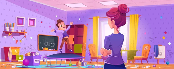 Woman looks at messy kids room with boy jumping on trampoline. Dirty playroom interior with clutter, scattered toys, drawings on walls, playing child and mother, vector cartoon illustration