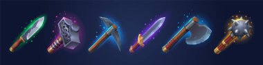 Viking weapons set for computer game isolated on background. Vector illustration of old fantasy axe, knife, sword, mace, hammers made of iron and wood. Bundle of ancient warrior arms, gui props