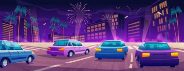 Cars driving at night city highway with palm trees, urban buildings, street lamps and fireworks in sky. Automobiles rear view riding by road with zebra markup and lanes, Cartoon vector illustration