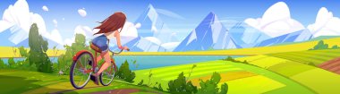 Woman riding bicycle cartoon illustration. Vector image of young female character cycling against scenic mountain lake background with green field and blue sky. Active summer hobby. Healthy lifestyle
