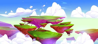 Green rocky flying islands cartoon fantasy game landscape. Floating land pieces with grass above sea surface in blue sky with fluffy clouds. Summer ground pieces hanging in air, Vector illustration