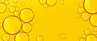 Texture of liquid yellow oil with air bubbles. Vector realistic background of golden cosmetic or cooking oil with glossy drops. Abstract backdrop with copy space for text
