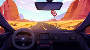 Road in desert view from car interior through windshield. Scenery landscape with rocks and sand, Straight highway with speed sign limitation, asphalted way perspective, Cartoon vector illustration