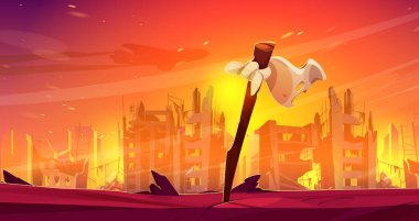 White flag at burning city background with ruins in fire, war destruction, abandoned burning broken buildings with smoke and flame after bombing, creepy apocalyptic scene, Cartoon vector illustration