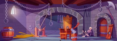 Medieval torture cell, cartoon illustration. Stone castle dungeon with human skeleton, sharp axe, wooden chair with iron shackles, metal chains hanging on walls and ceiling. Vector interior design