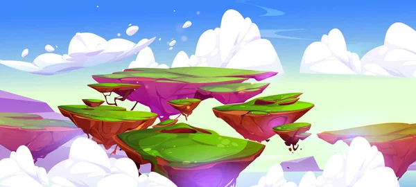 Green Rocky Flying Islands Cartoon Fantasy Game Landscape Floating Land — 图库矢量图片