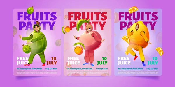 Set Cartoon Fruits Party Poster Templates Vector Illustration Colorful Flyers — Stockvektor