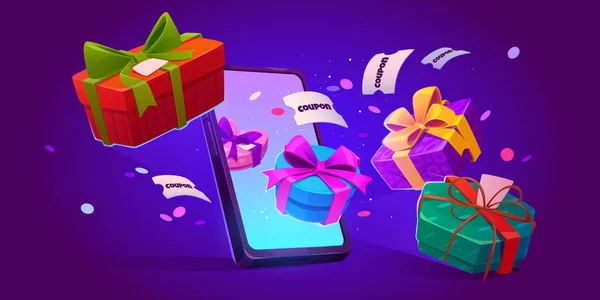 Mobile Phone Gift Boxes Coupons Flying Out Screen Big Shopping — Image vectorielle