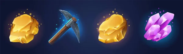 Set Pickaxe Gold Minerals Isolated Background Vector Illustration Adventure Game — 스톡 벡터
